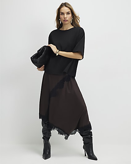 Brown Lace Hybrid T-Shirt Maxi Dress