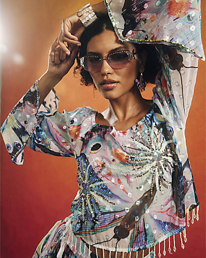 Purple Embellished Butterfly Bardot Top