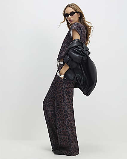Black Leopard Print Wide Leg Trousers