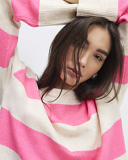 Beige Striped Crew Neck Jumper