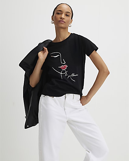 Black Sketchy Face Foil T-Shirt