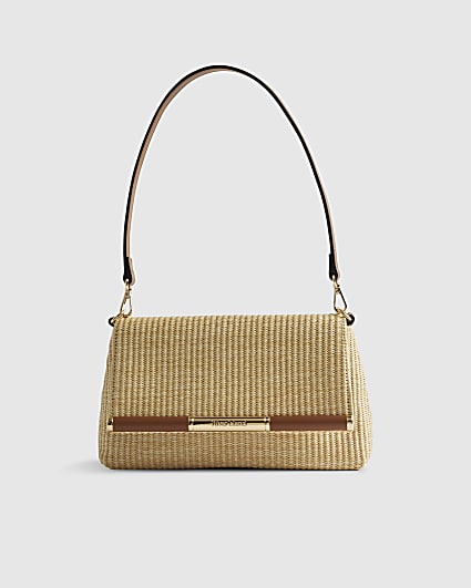 Beige Raffia Bar Front Shoulder Bag