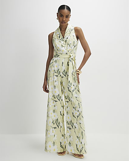 Green Floral Scallop Linen Blend Jumpsuit