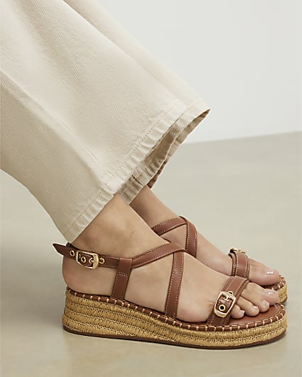 Brown Cross Strap Wedge Sandals