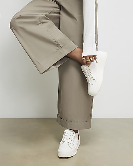 White Scallop Trim Lace Up Trainers