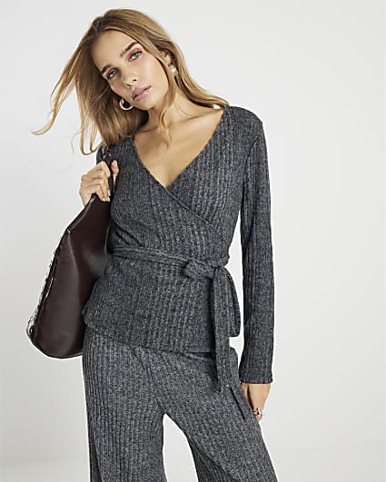 Grey Long Sleeve Cosy Ribbed Wrap Top