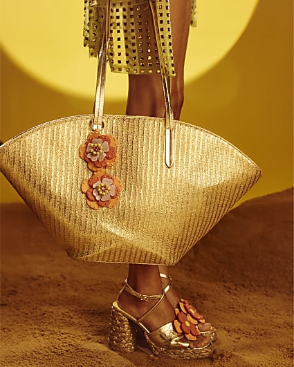 Gold Raffia Winged Shopper Bag
