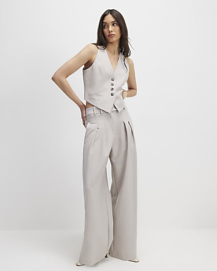 Grey Sleeveless Pinstripe Cropped Waistcoat