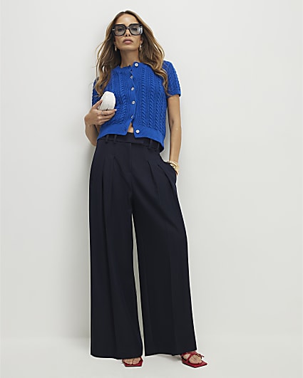 Navy Denim Look Wide Leg Trousers