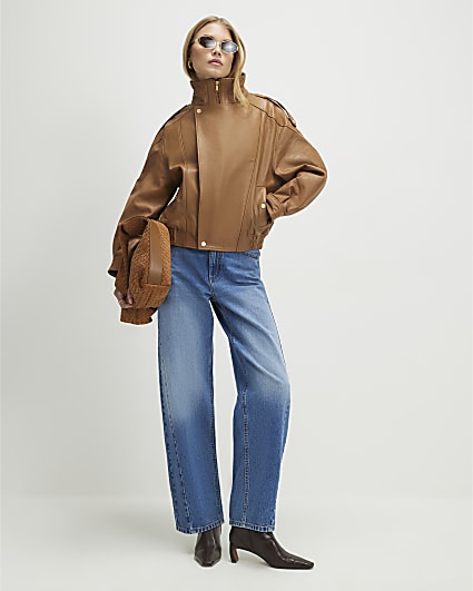 Brown Leather Funnel Bomber Jacket