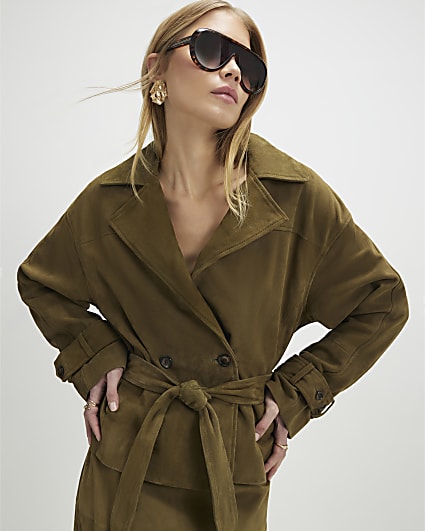 Green Suede Cropped Trench Coat