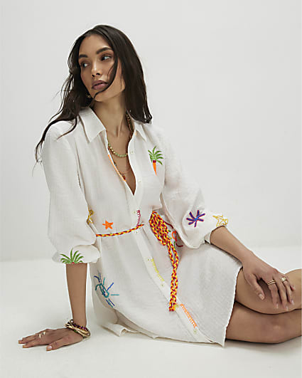 White Print Tie Shirt Dress