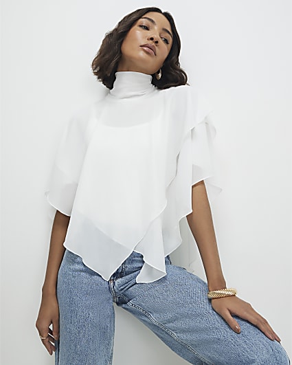 Cream High Neck Ruffle Cape