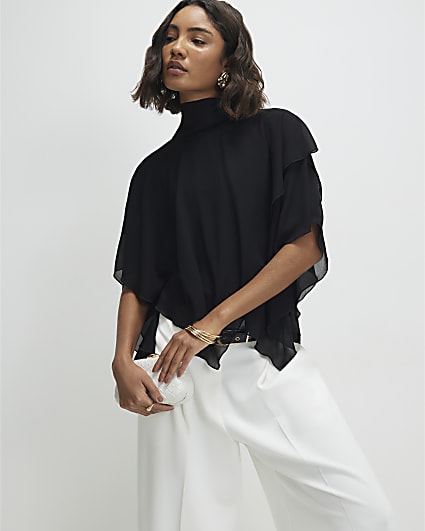 Black High Neck Ruffle Cape