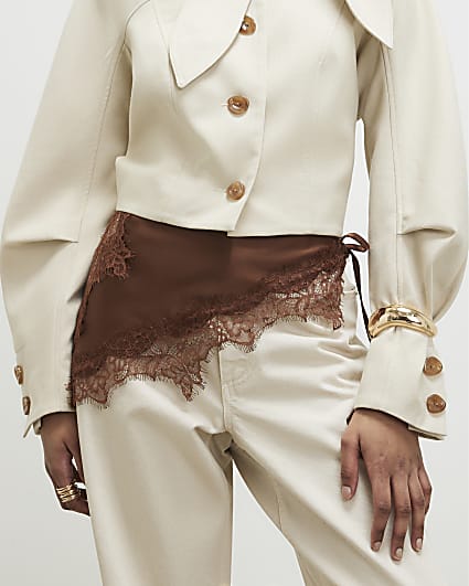 Brown Lace Trim Waist Scarf