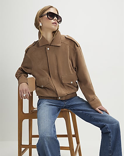 Beige Suede Oversized Bomber Jacket