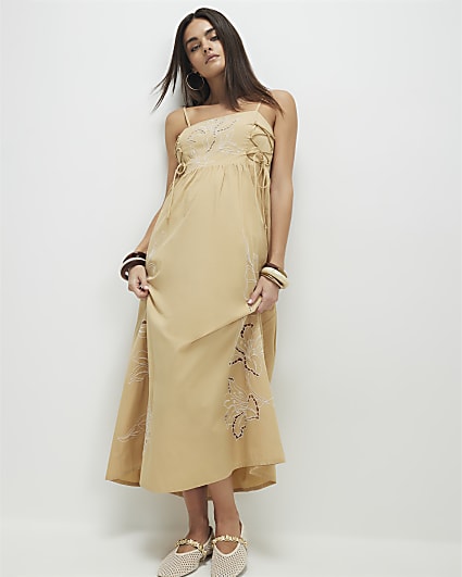 Beige Cotton Broderie Tie Side Midi Dress