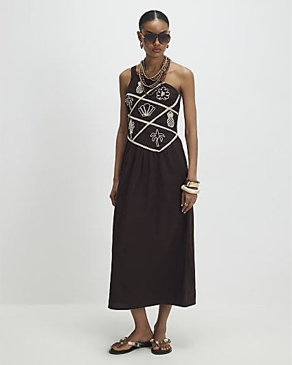 Brown Embroidered One Shoulder Maxi Dress