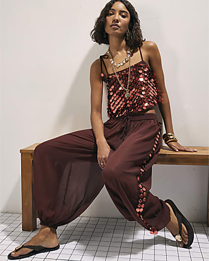 Brown Sequin Side Panel Hareem Trousers