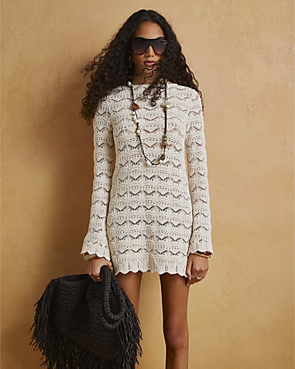 Cream Crochet Knit Boat Neck Mini Dress