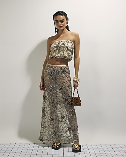 Cream Embellished Midi Beach Skirt