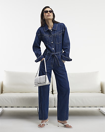 Blue Premium Belted Barrel Leg Denim Jumpsuit