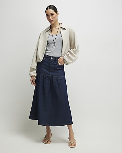 Blue Panelled Denim Midi Skirt