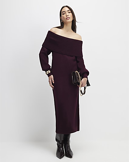 Red Knit Long Sleeve Bardot Midi Dress