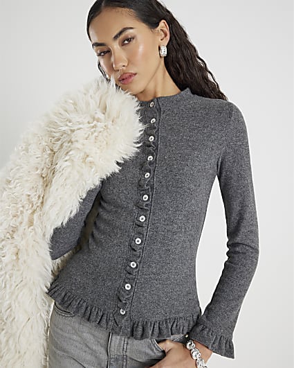 Grey Long Sleeve Frilled Cosy Cardigan