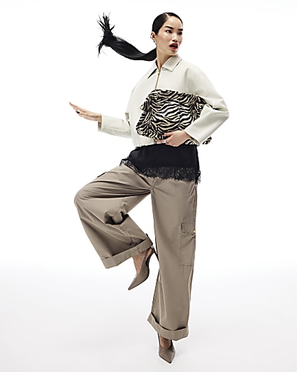 Beige Wide Leg Cargo Trousers