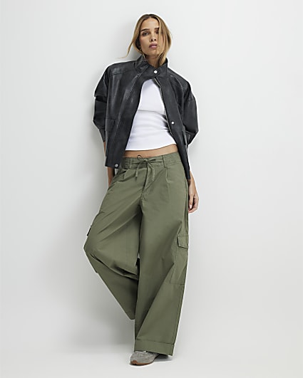 Khaki Wide Leg Cargo Trousers