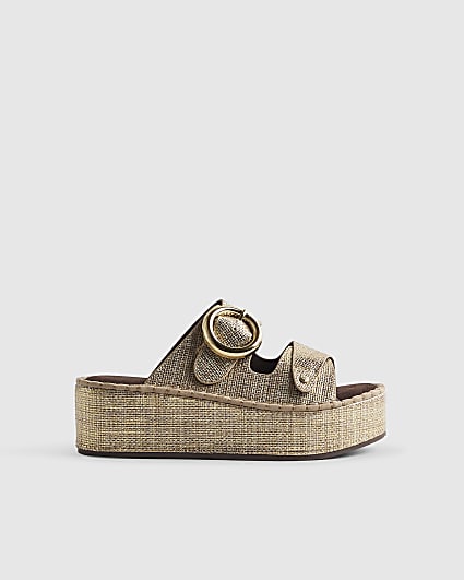 Gold Ring Buckle Wedge Sandals