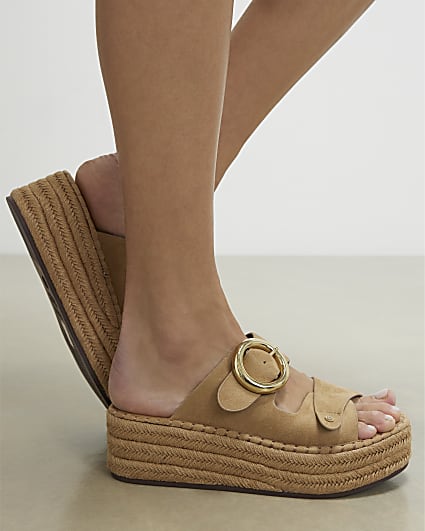 Beige Ring Buckle Strap Wedge Sandals