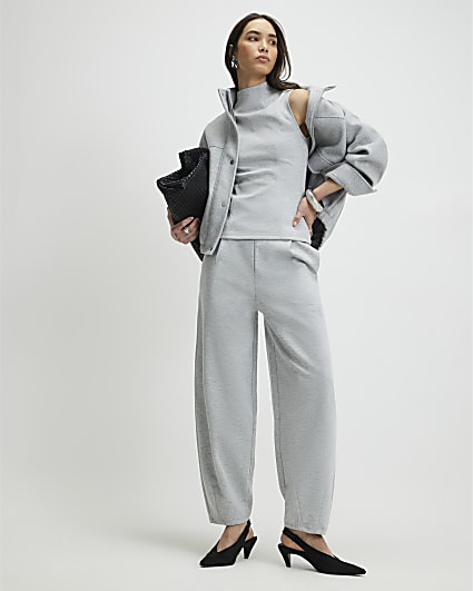 Grey Interlock Barrel Leg Trousers