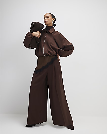 Brown Faux Suede Collared Bomber Jacket