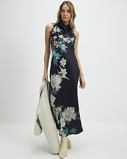 Black Floral Print Lace Trim Slip Dress