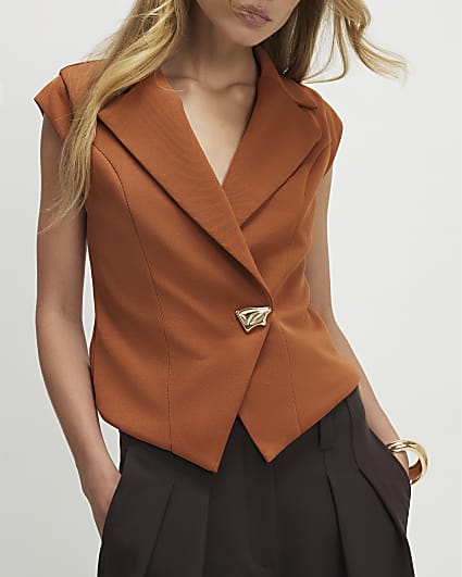 Orange Cap Sleeve Twill Waistcoat