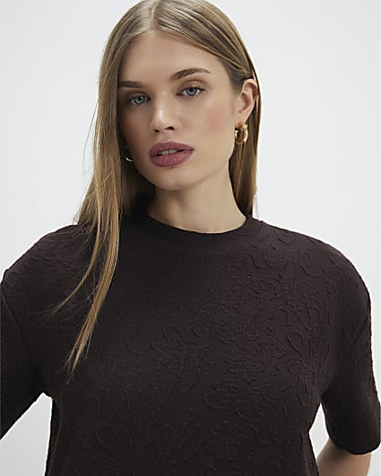 Brown Jacquard Short Sleeve Boxy T-shirt