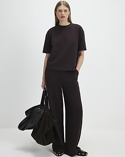 Brown Jacquard Wide Leg Trousers