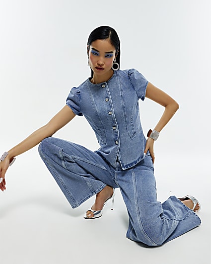 Blue Washed Bling Button Denim Top
