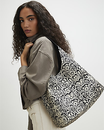 Beige Snake Pony Hair Leather Shoulder Bag
