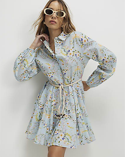 Blue Floral Belted Shirt Dress