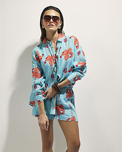 Blue Palm Print Beach Shirt