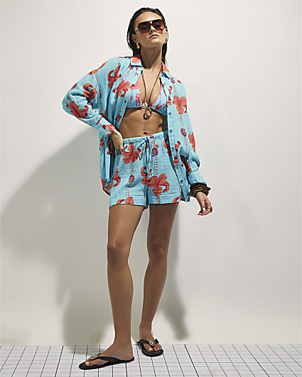 Blue Palm Print Beach Shorts