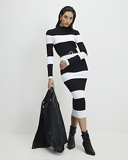 Black Belted Stripe Knit Midi Dress