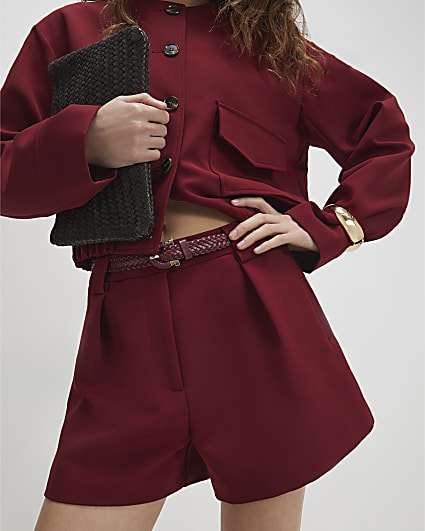 Red Tailored Plaited Belt Shorts