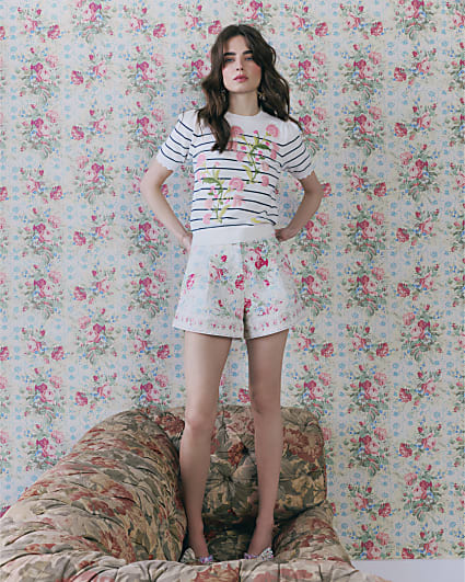 White Floral Printed Shorts