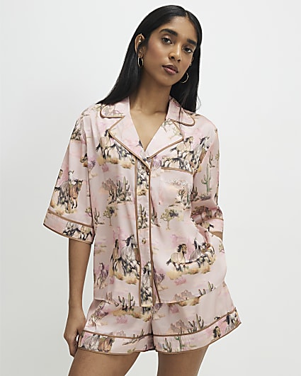 Pink Short Sleeve Horse Print Pyjama Set
