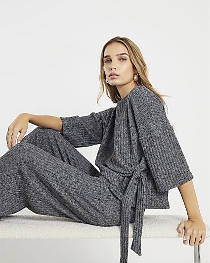 Grey Cosy Ribbed Knot Side Top