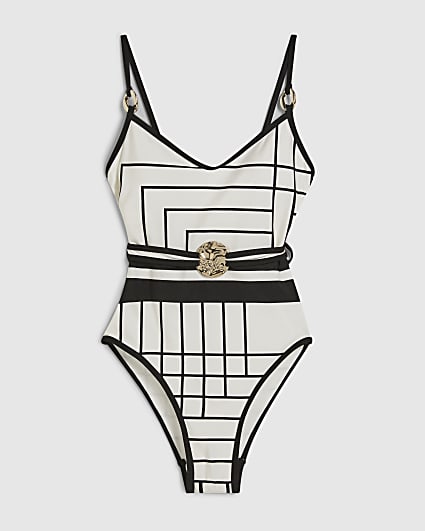 Cream Geometric Stripe Swimsuit